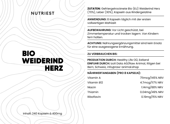 Getrocknetes Bio Weiderind Herz in Kapseln