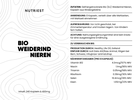 Getrocknete Bio Weiderind Nieren in Kapseln