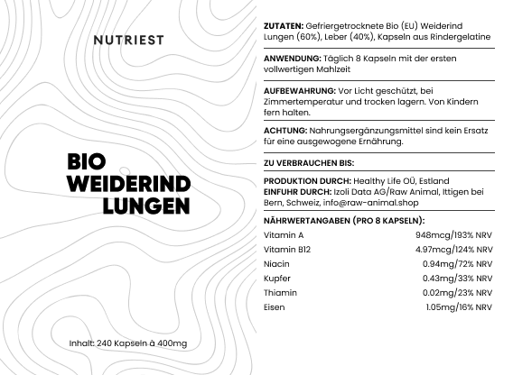 Getrocknete Bio Weiderind Lungen in Kapseln