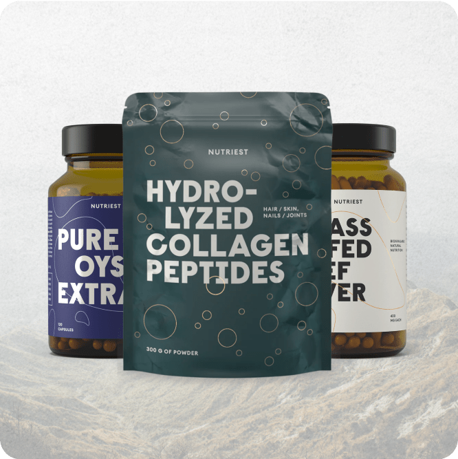 Glow & Grow hair, skin and nails vitamins: organic beef liver capsules, oyster extract capsules and collagen powder