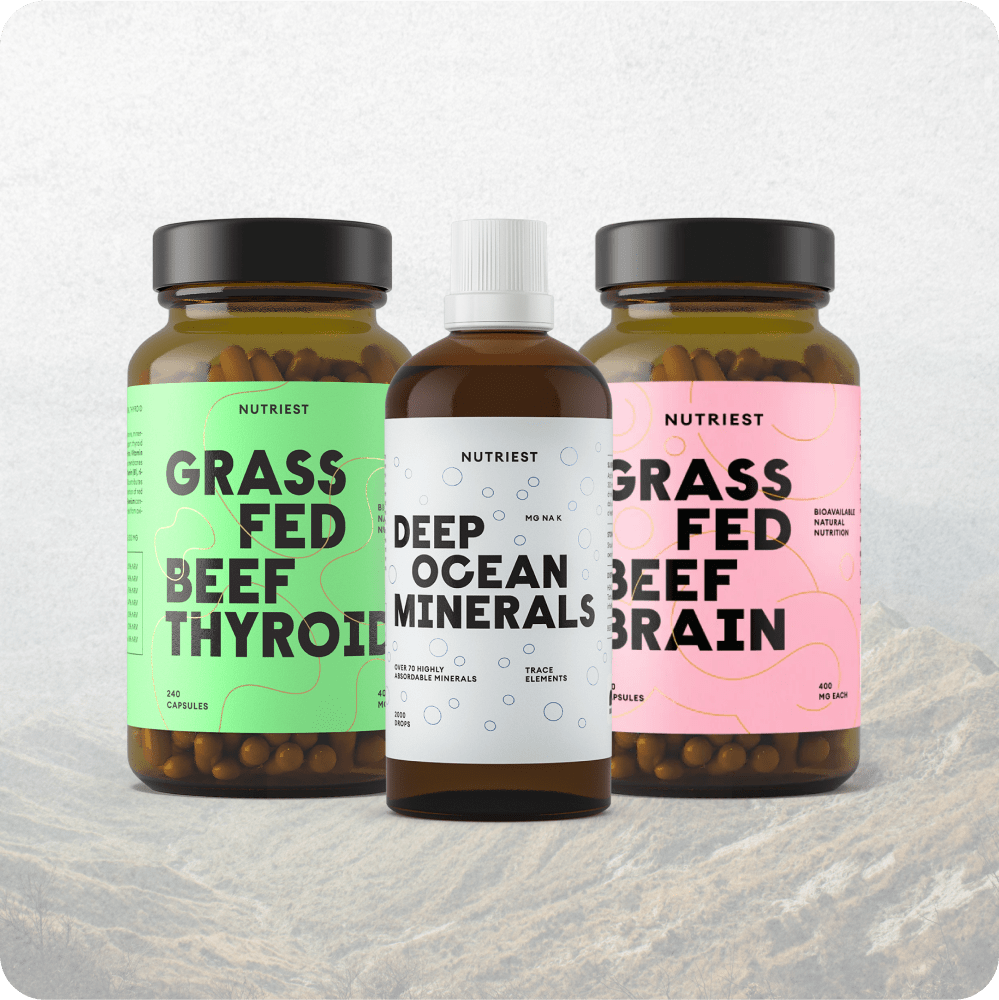 Psyche+ magnesium and B12 trio: beef brain capsules, organic thyroid capsules and deep sea mineral drops