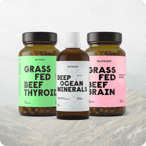 Psyche+ magnesium and B12 trio: beef brain capsules, organic thyroid capsules and deep sea mineral drops