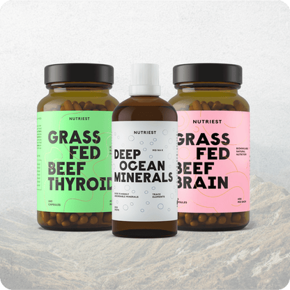 Psyche+ magnesium and B12 trio: beef brain capsules, organic thyroid capsules and deep sea mineral drops